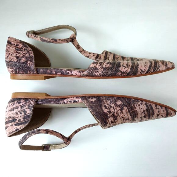 Freda Salvador Tulip Flat Ankle Strap Pointed Toe Flats in Nude Snake Size 7 - Picture 8 of 13